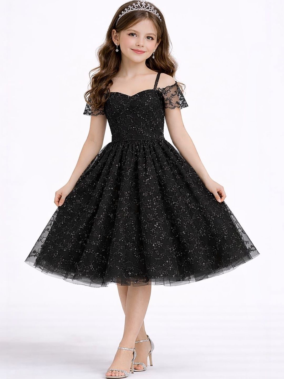 TILISM Embellished Cold-Shoulder Ruffled Net Fit & Flare Dress-image-43