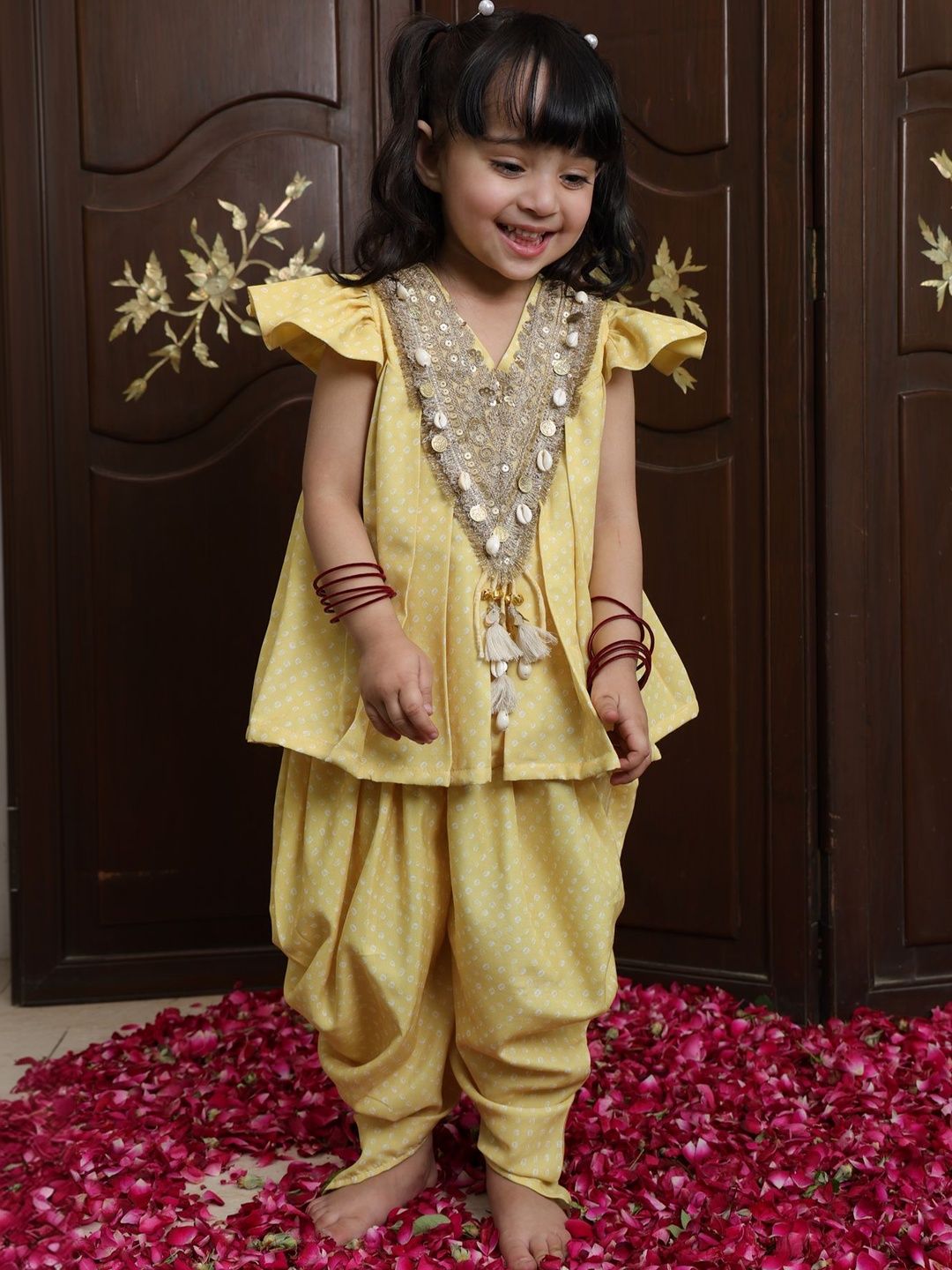Fayon Kids Girls Printed Regular Beads and Stones Silk Crepe Kurta with Dhoti Pants-picture-14