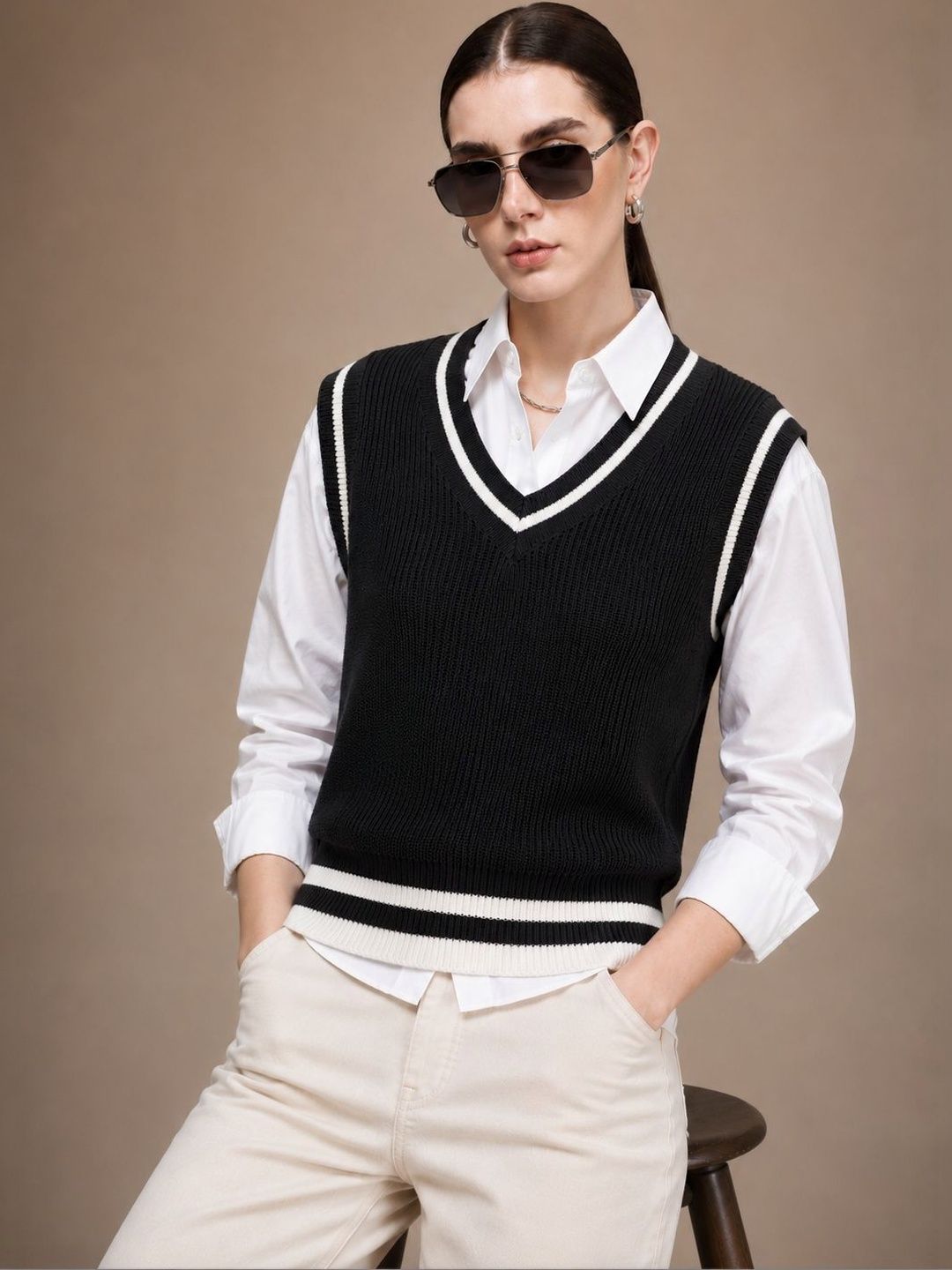 Roadster Women Striped Ribbed Woollen Sweater Vest-picture-28