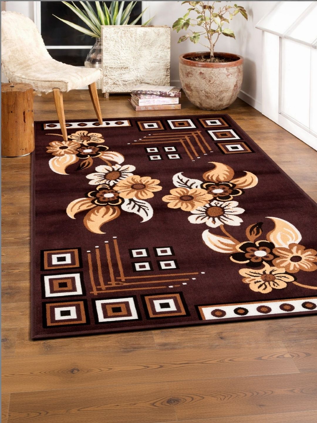 Myntra Elegant Homes Brown Floral Polypropylene Carpet-image-6