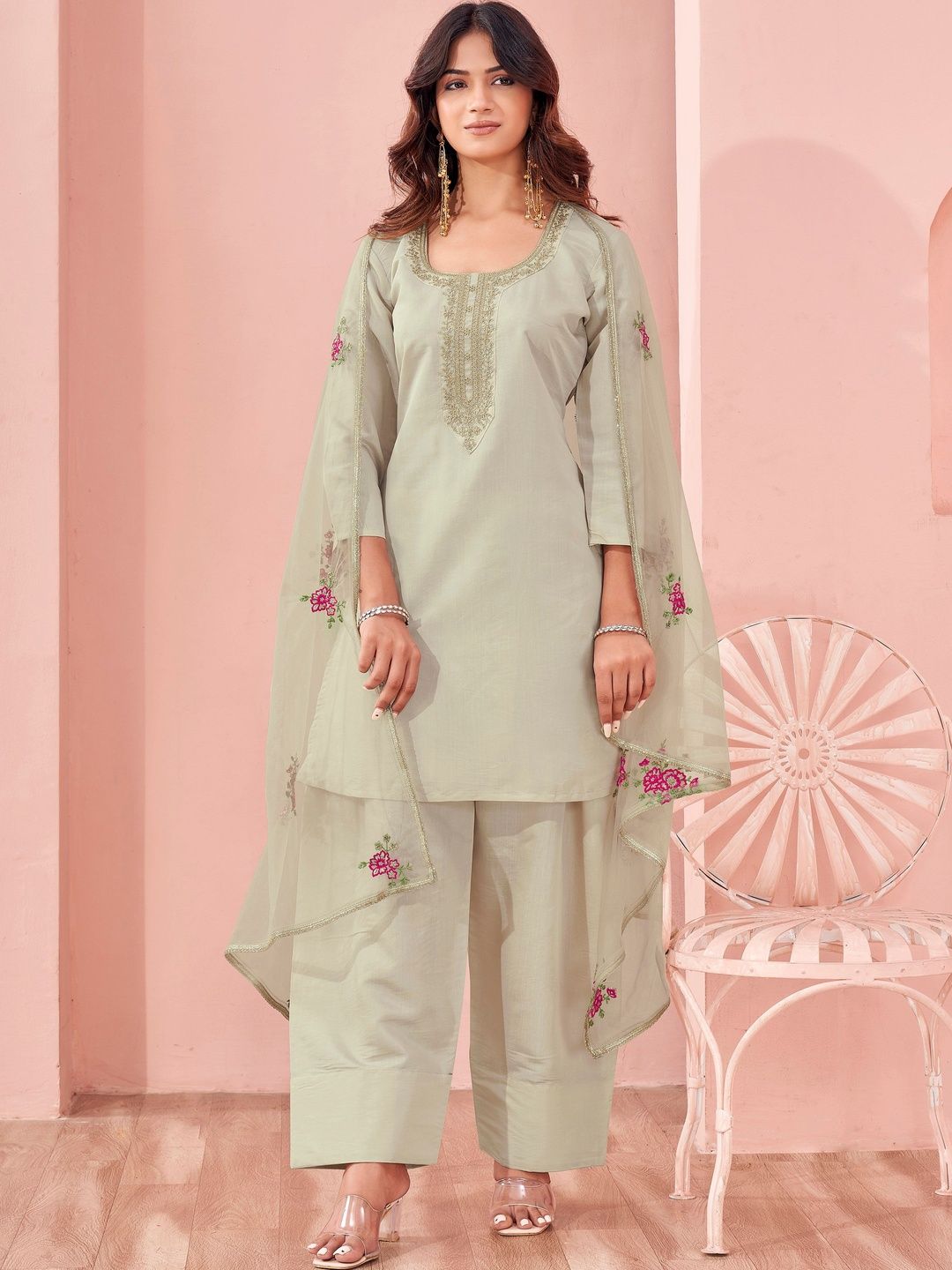 Tikhi Imli Women Ethnic Motifs Embroidered Regular Thread Work Kurta with Palazzos & With Dupatta-picture-18
