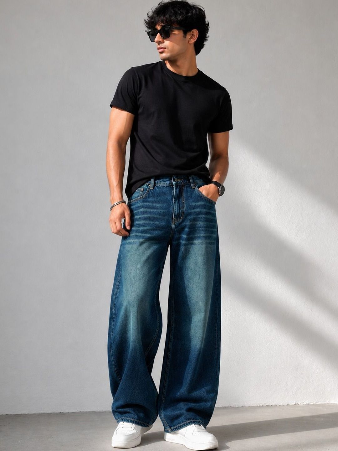 Line out line Men Wide Leg Mid-Rise Low Distress Jeans-picture-54