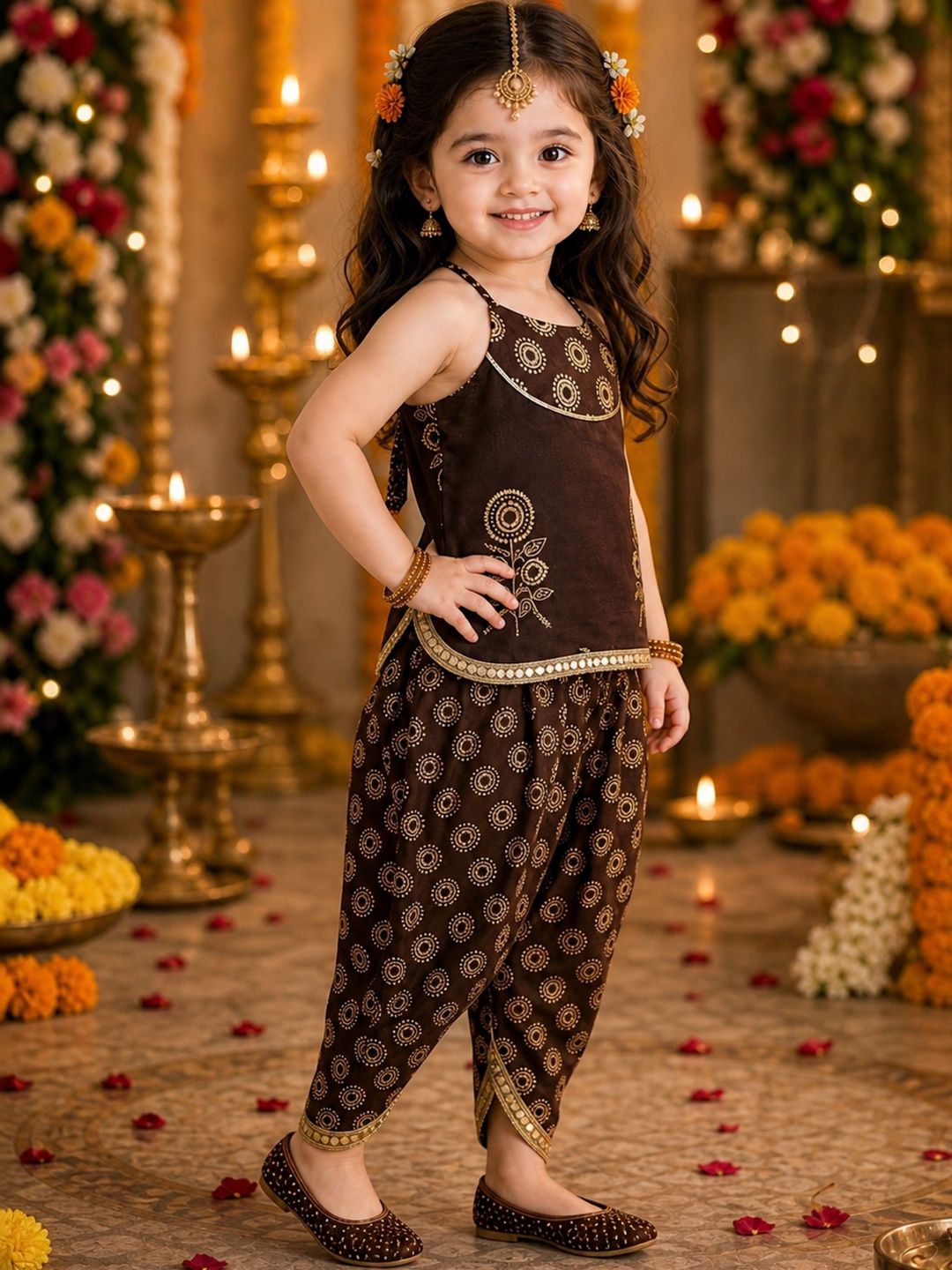 BAESD Girls Ethnic Motifs Printed Regular Sequinned Pure Cotton Top with Dhoti Pants-picture-30