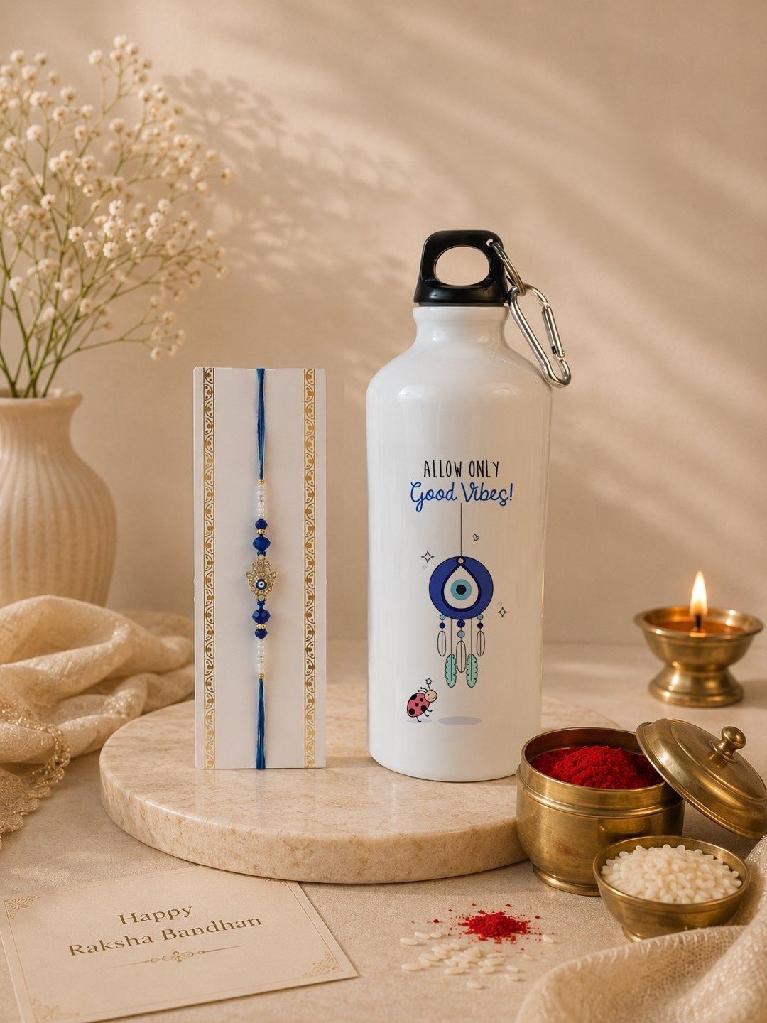 Giftii Set Of 2 Evil Eye Rakhi With Sipper Water Bottle Greeting Card & Roli Chawal-picture-24