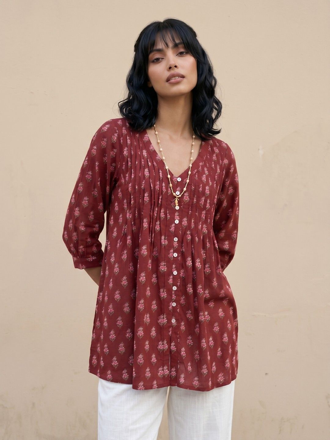 fusion by glitchez Floral Printed V-Neck Pure Cotton Pleated Kurti-picture-26