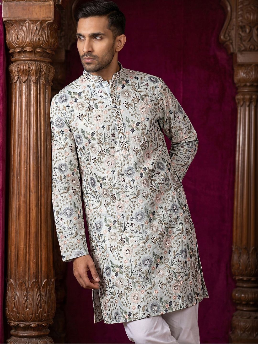 Jompers Men Floral Embroidered Thread Work Floral Kurta-picture-0