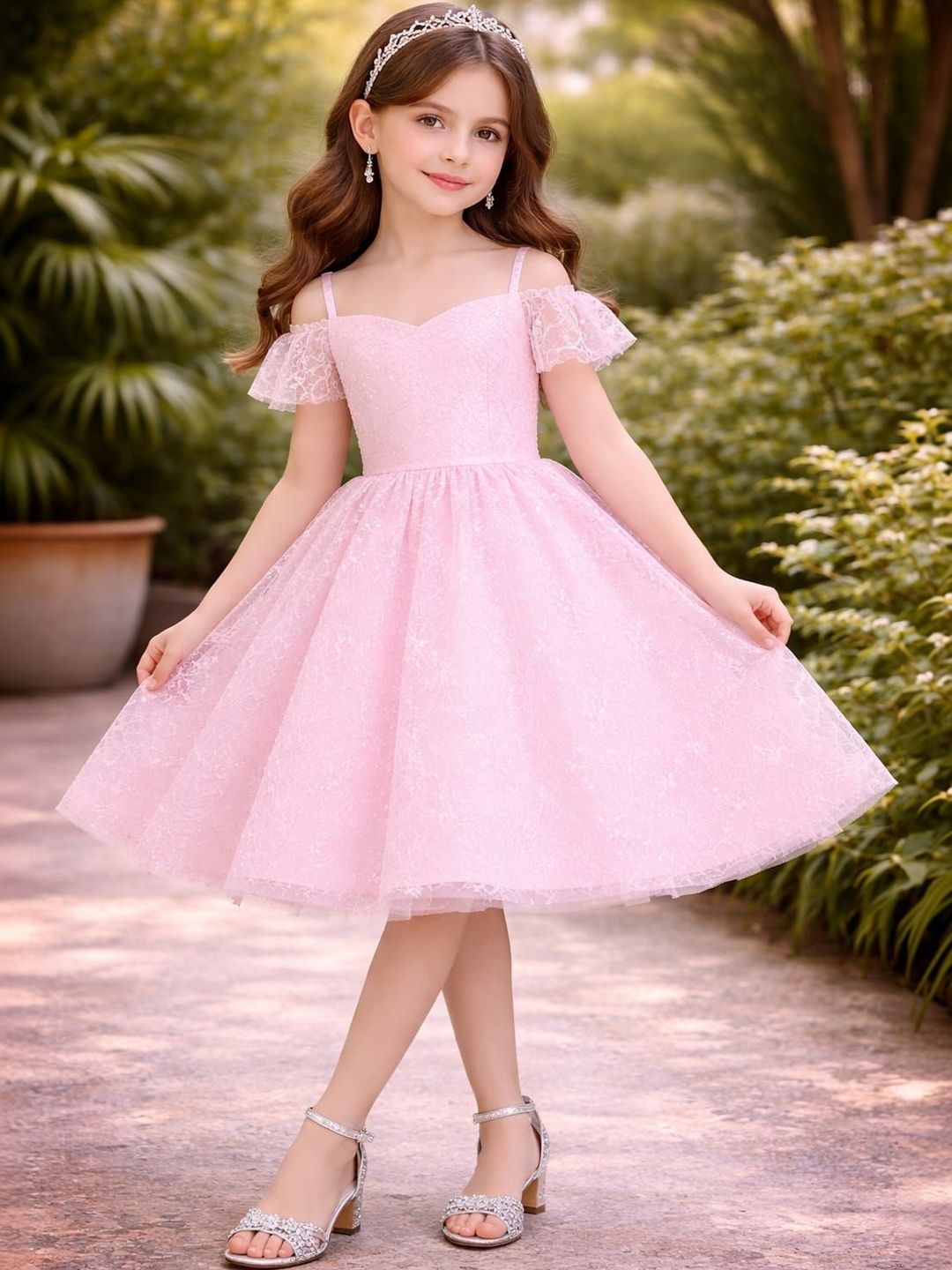TILISM Floral Embroidered Flared Sleeve Ruffled Net A-Line Dress-image-47