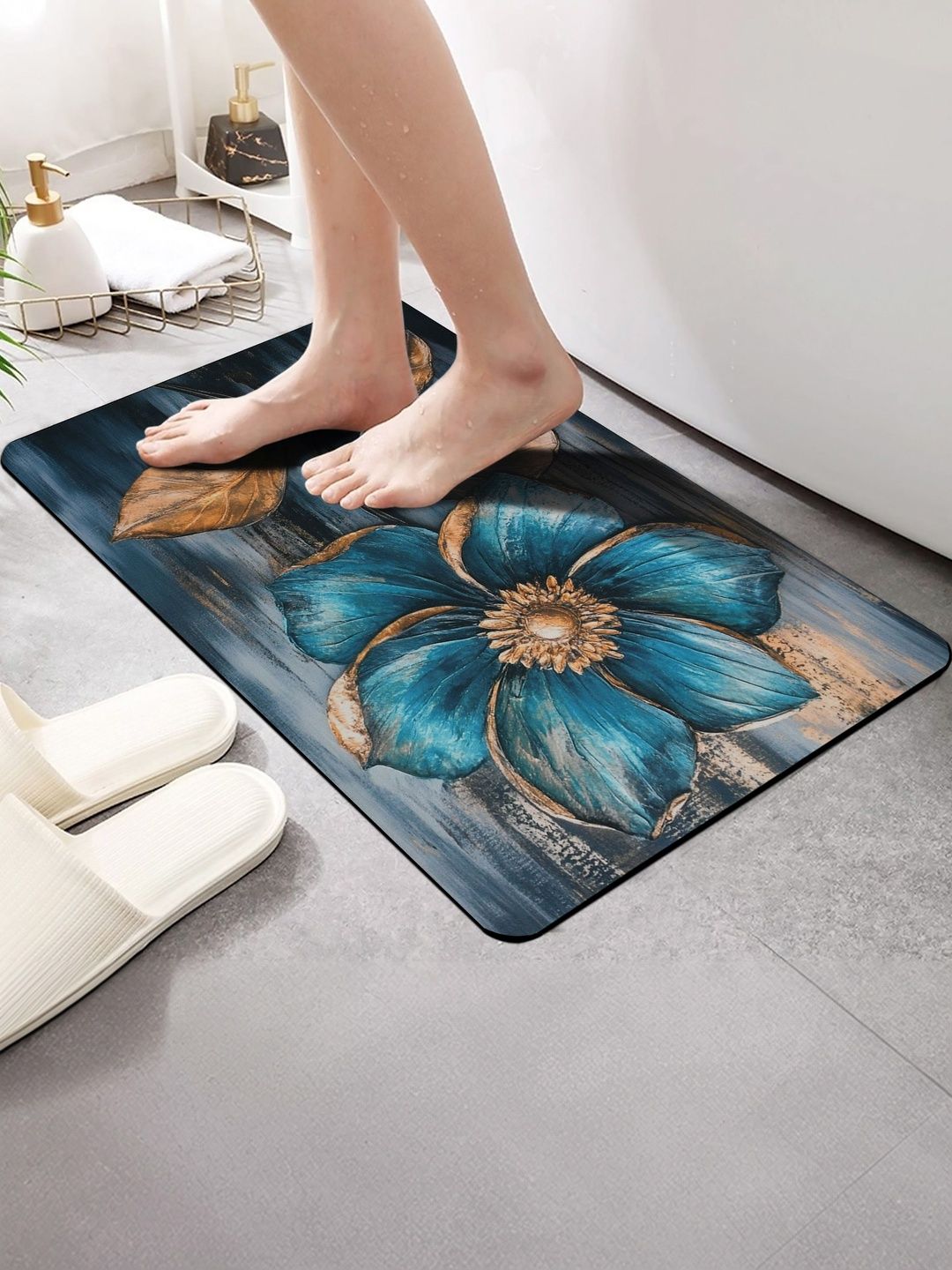 FINE TEX WORLD Grey & Blue Printed Water Absorbable Anti-Skid Doormats-image-9