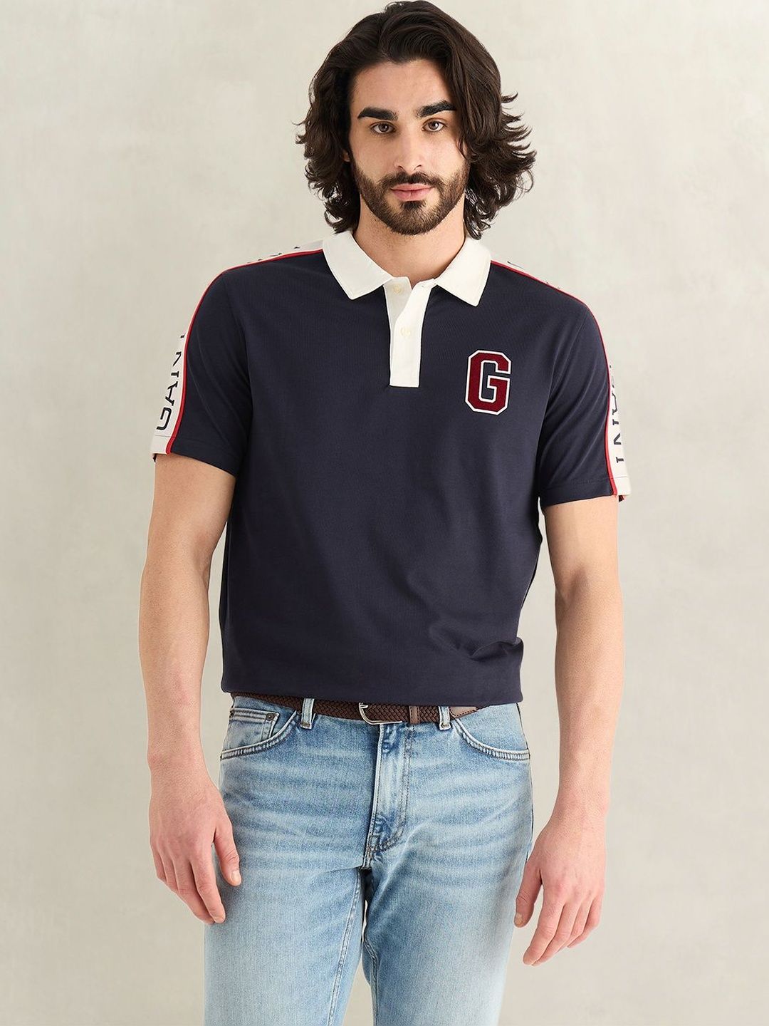 Gant Men Navy Blue Logo Print Regular Fit Pure Cotton Polo T-Shirt-picture-20