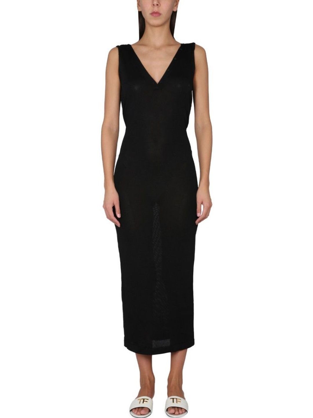 Tom Ford Black Solid V Neck Midi Dress-picture-31