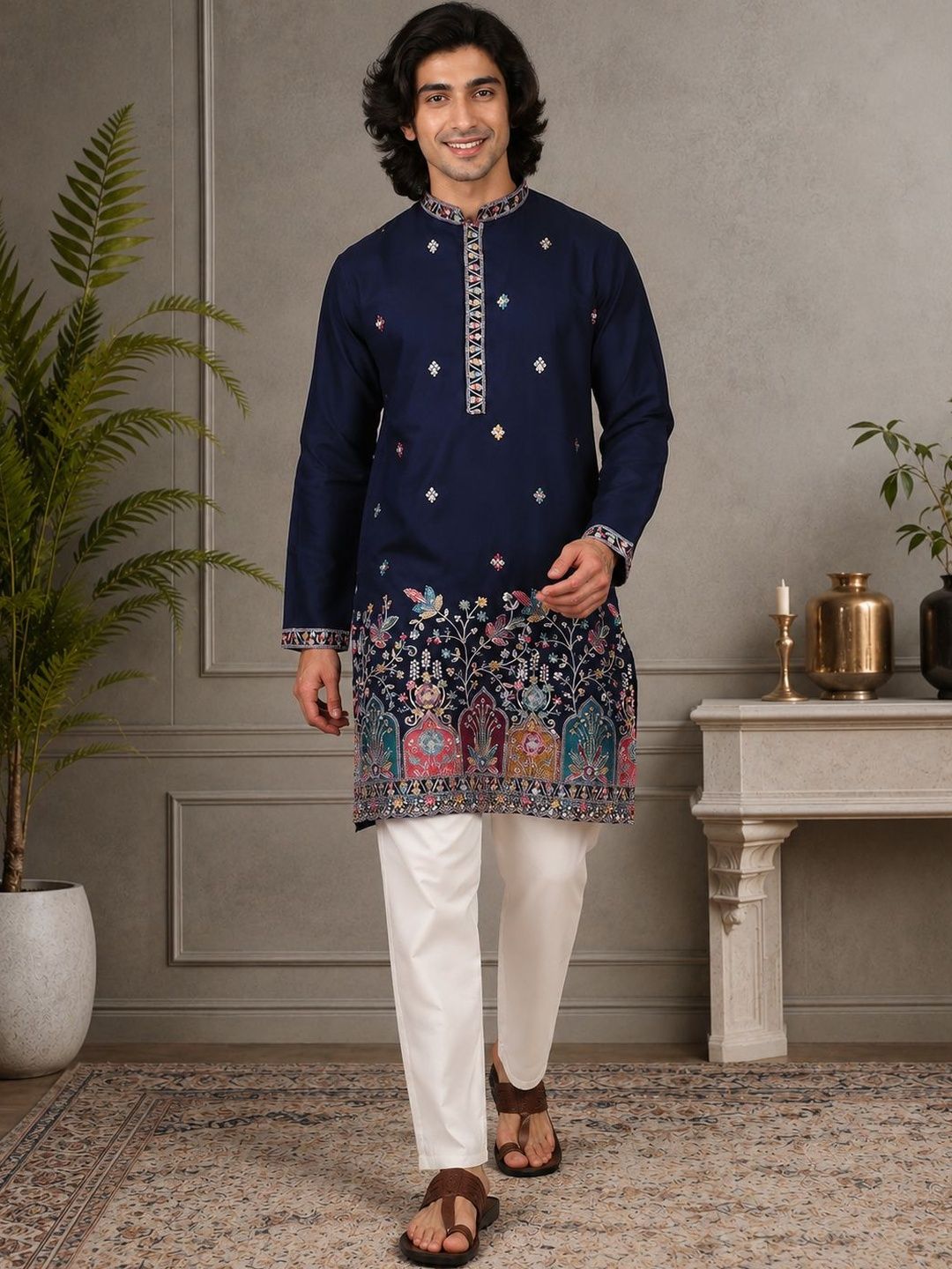 House of Pataudi Men Ethnic Motifs Embroidered Thread Work Kurta-picture-52