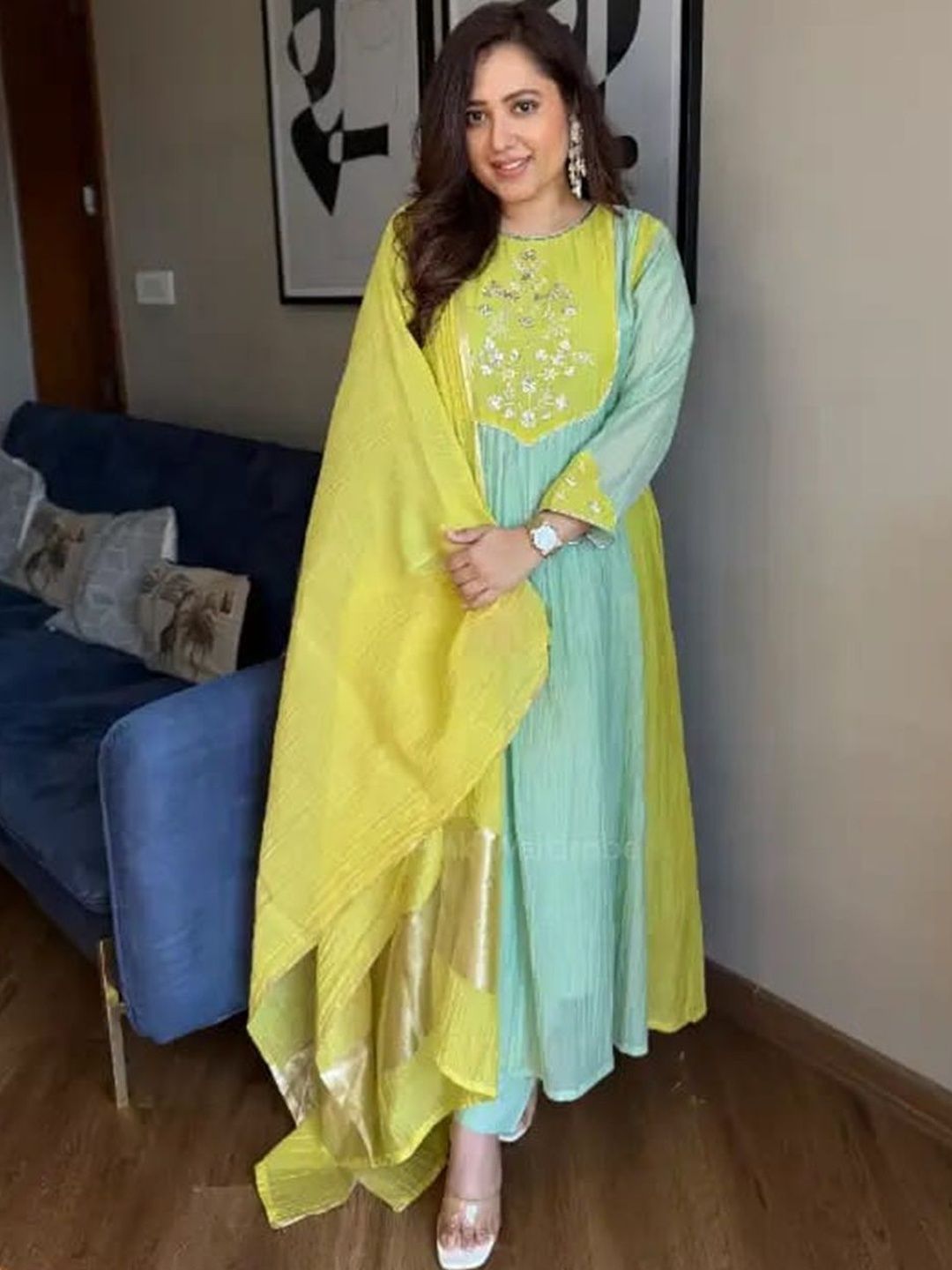 BHAVUBAA Women Ethnic Motifs Embroidered Empire Thread Work Chanderi Silk Kurta with Trousers & With Dupatta-picture-15