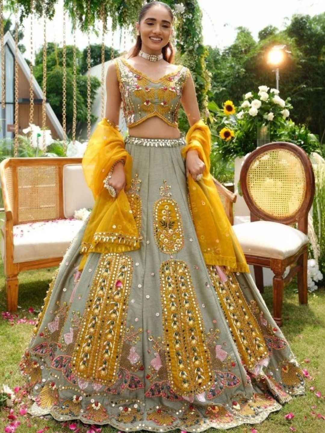 ODETTE Embroidered Beads and Stones Semi-Stitched Lehenga & Unstitched Blouse With Dupatta-image-44