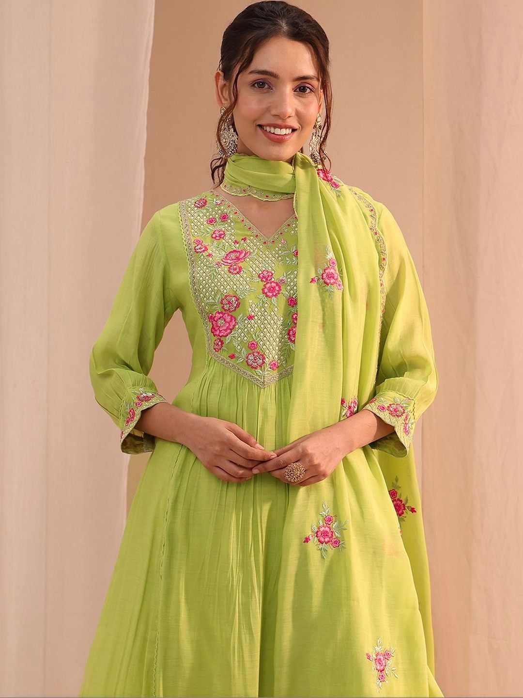 Libas Women Floral Embroidered Empire Thread Work Chanderi Cotton Kurta with Trousers & With Dupatta-picture-26