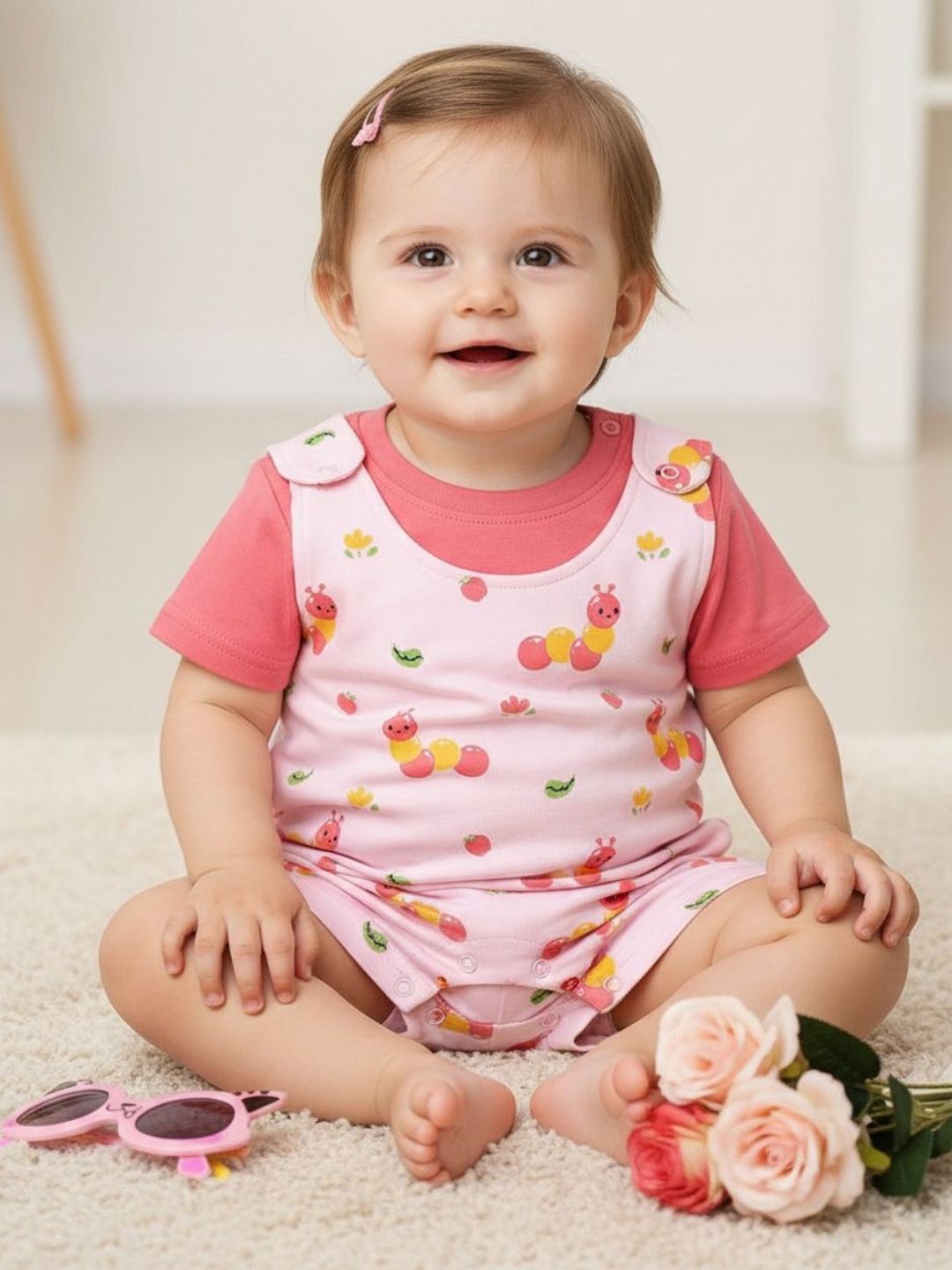 V-Mart Infant Girls Printed Cotton Round Neck Short Dungarees-picture-36
