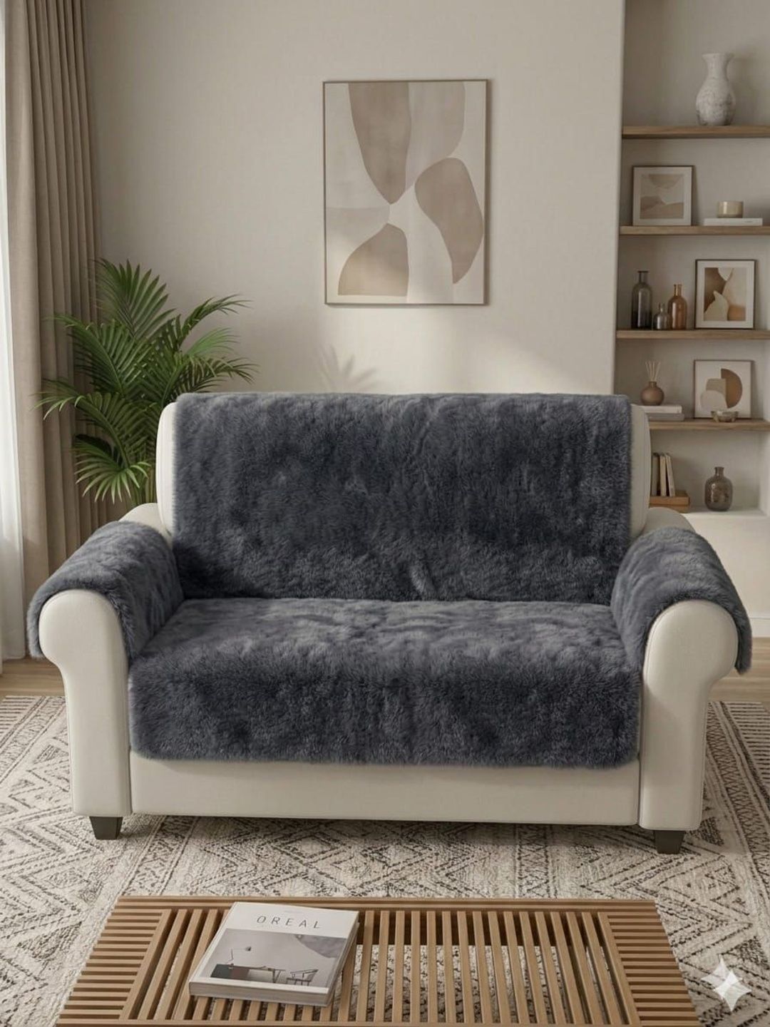RAINBOW FURNISHINGS Grey Solid Viscose Rayon Blend Sofa Cover With Arms-picture-54