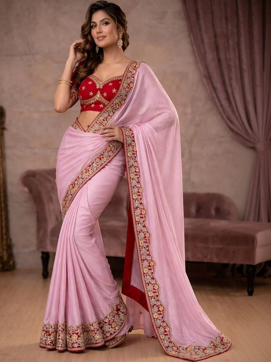 Sangria Floral Embroidered Poly Chiffon Saree-picture-37
