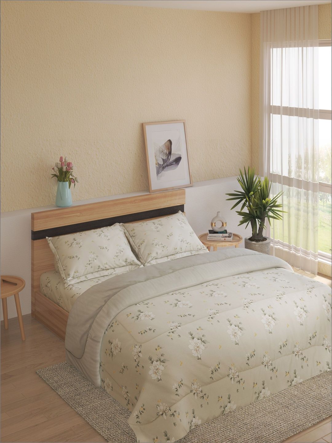 Home Centre Grey & White Floral Other 4 Piece Double Queen Fine Bedding Set-picture-19