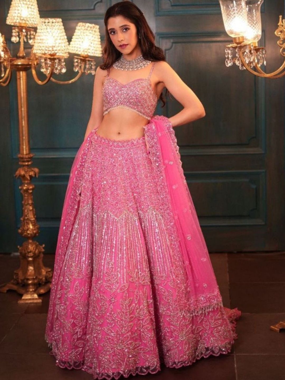 ODETTE Embroidered Sequinned Semi-Stitched Lehenga & Unstitched Blouse With Dupatta-image-49