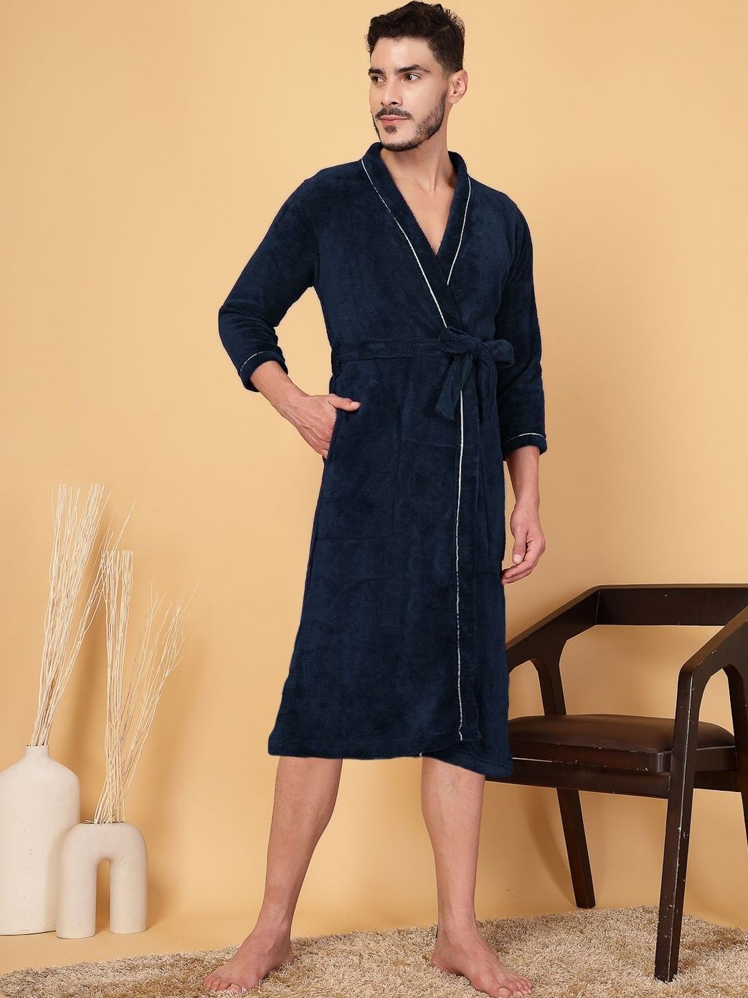 Myntra Elegant Homes Men Cotton Knee Length Bath Robe with Belt-picture-30
