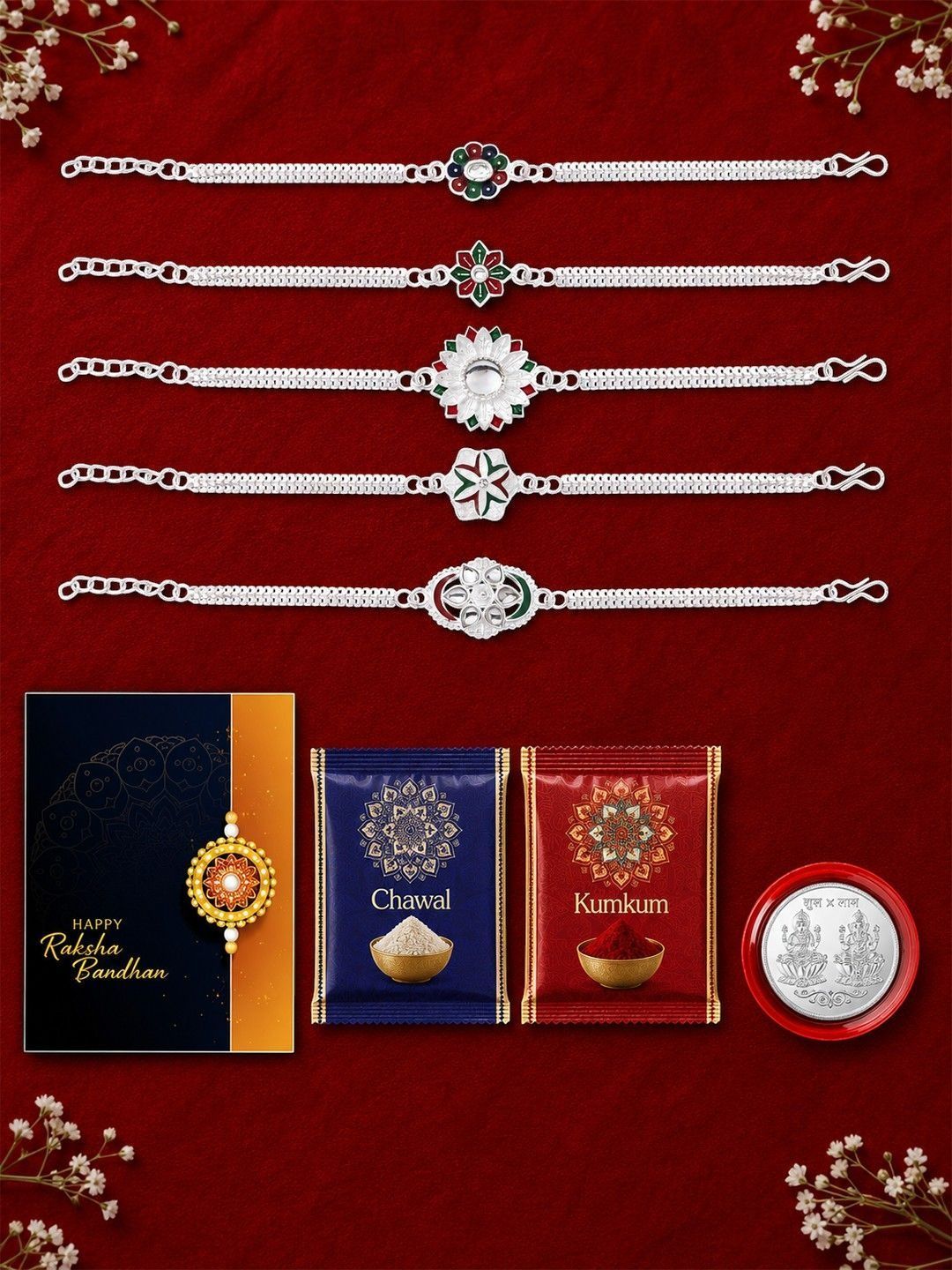 DeoDap Set of 5 Rakhis With Greeting Card & Roli-Chawal & Silver Toned coin-picture-27