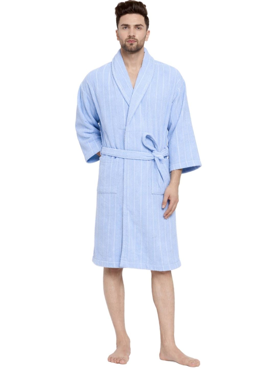 Creeva Striped Pure Cotton Knee Length Bath Robe with Belt-picture-22