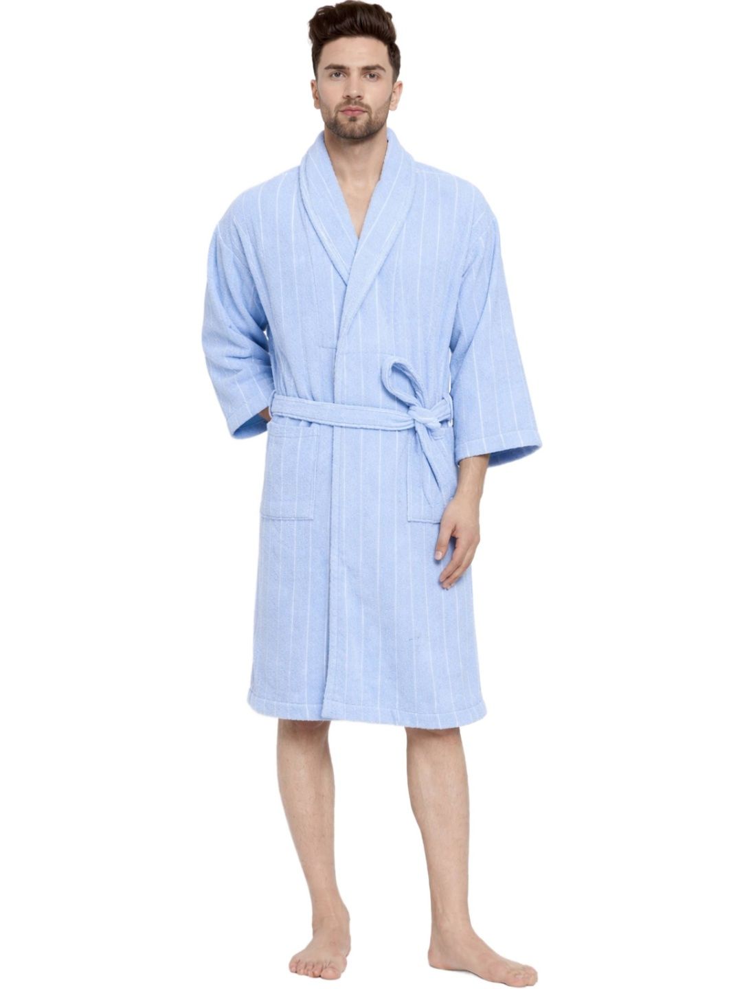 Creeva Striped Pure Cotton Knee Length Bath Robe with Belt-picture-21