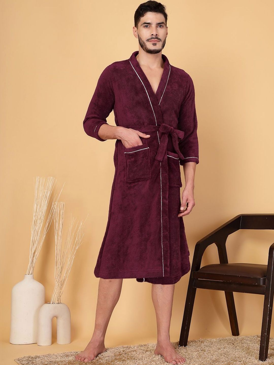 Myntra Elegant Homes Men Cotton Knee Length Bath Robe with Belt-picture-39