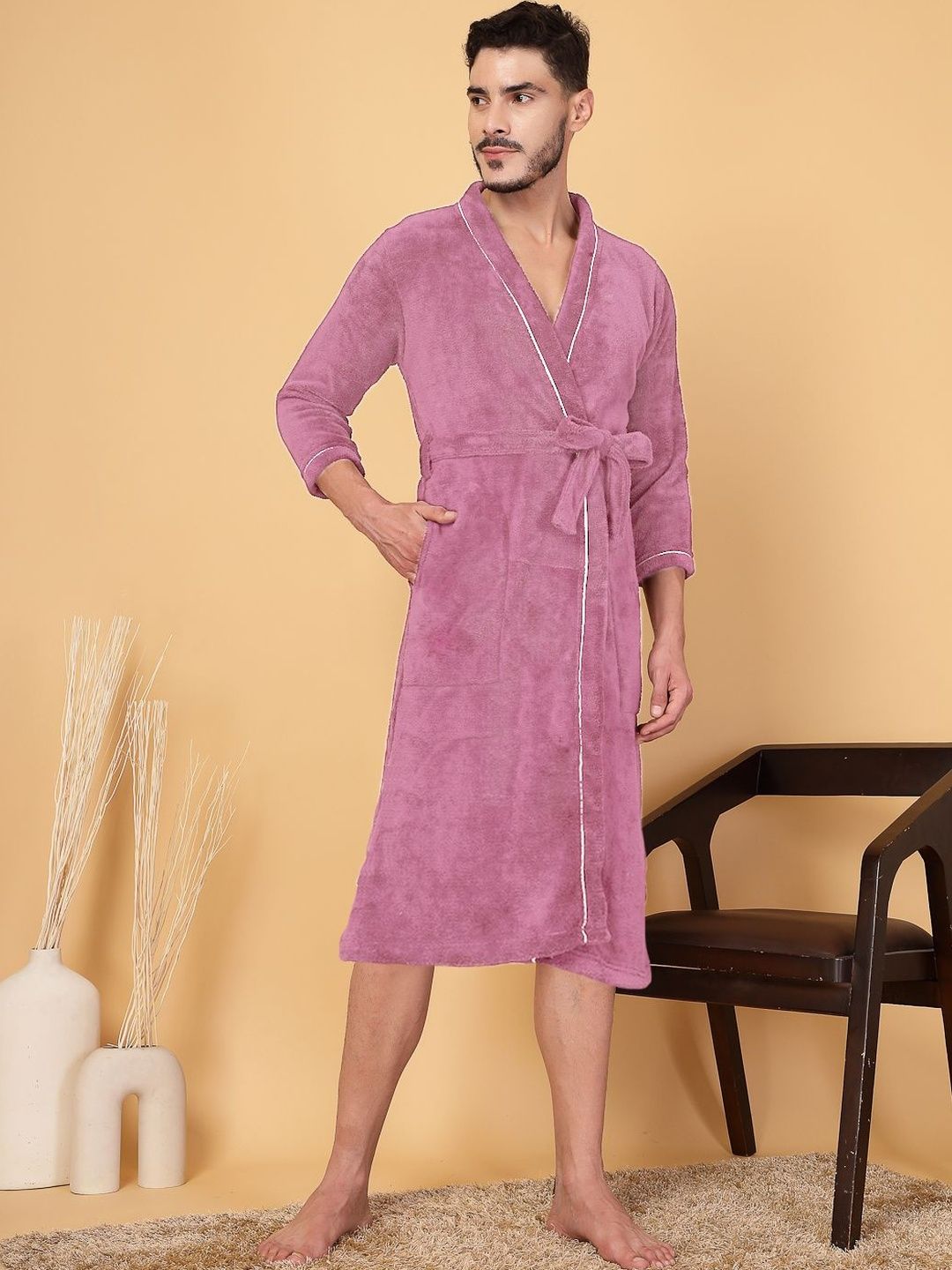 Myntra Elegant Homes Men Cotton Knee Length Bath Robe with Belt-picture-54