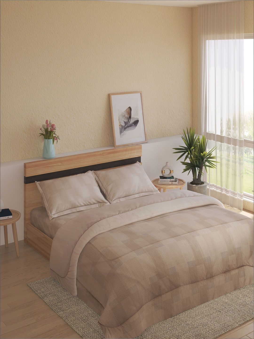 Home Centre Taupe Checked Other 4 Piece Double Queen Fine Bedding Set-image-5