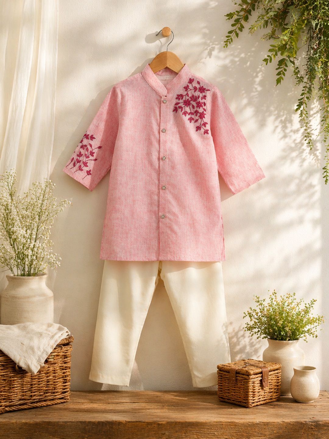 Sangria Boys Ethnic Motifs Embroidered Regular Thread Work Pure Cotton Kurta with Pyjamas-picture-57