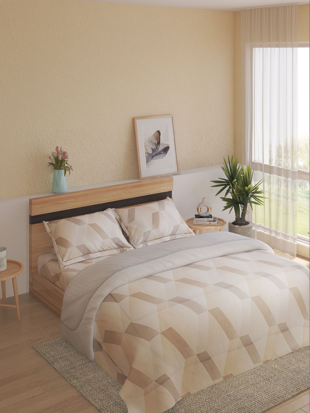 Home Centre Grey & Beige Geometric Other 4 Piece Double Queen Fine Bedding Set-image-29