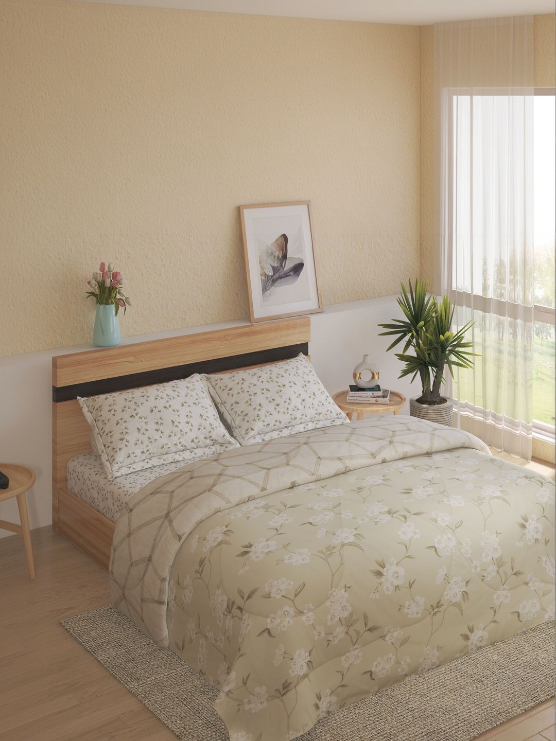 Home Centre Green & Beige Floral Other 4 Piece Double Queen Fine Bedding Set-picture-12