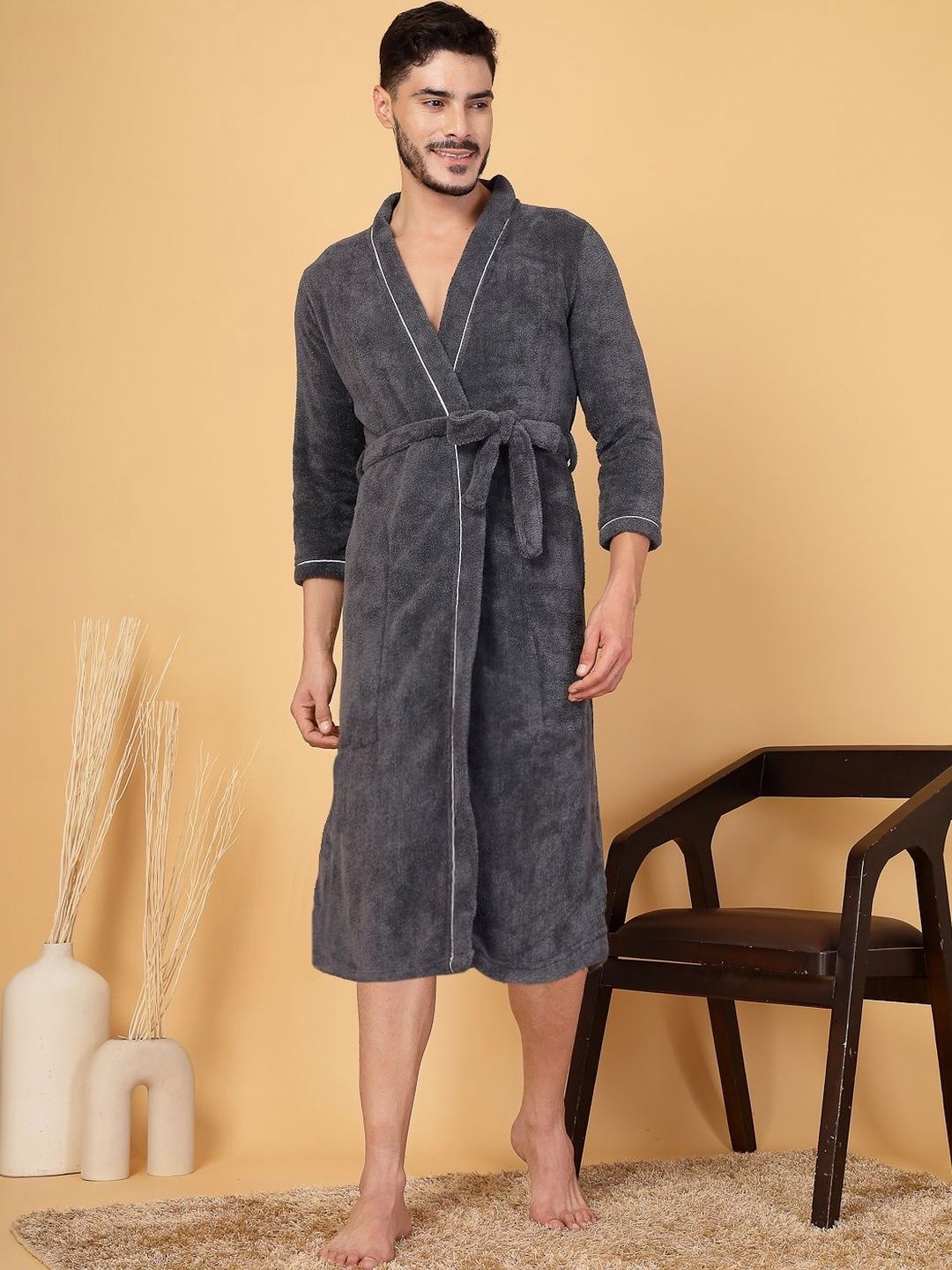 Myntra Elegant Homes Men Cotton Knee Length Bath Robe with Belt-image-13