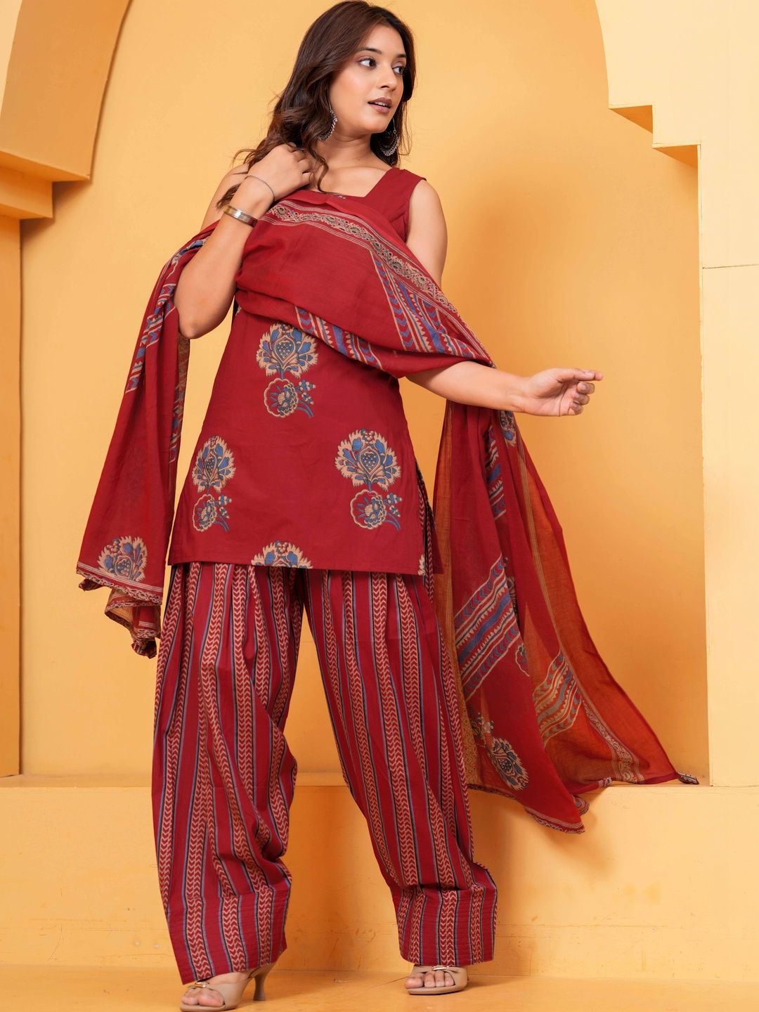 KALINI Women Ethnic Motifs Printed Regular Cotton Kurta With Farshi Salwar & Dupatta-picture-23