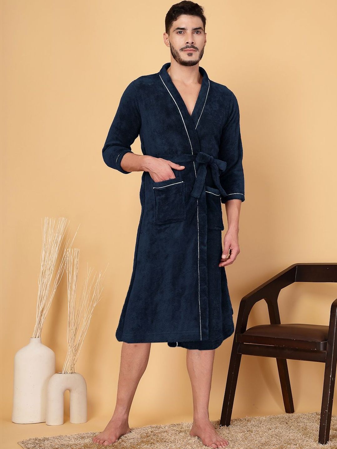 Myntra Elegant Homes Men Cotton Knee Length Bath Robe with Belt-picture-48