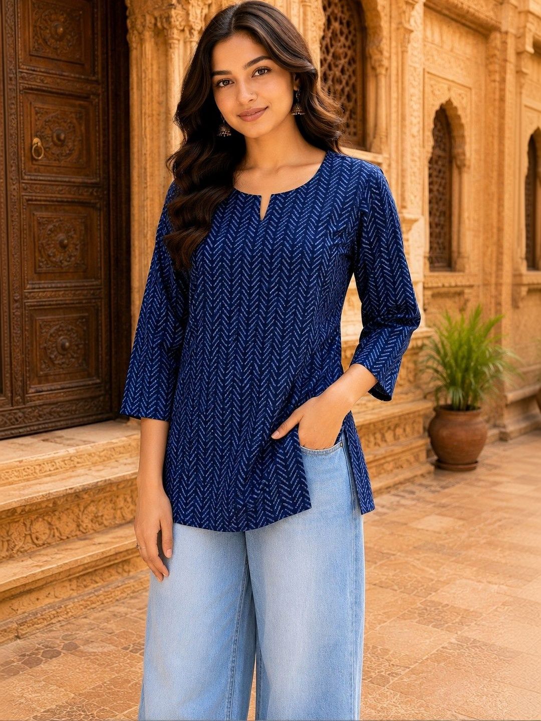 all about you Chevron Printed Boat Neck Pure Cotton Blend Kurti-picture-36