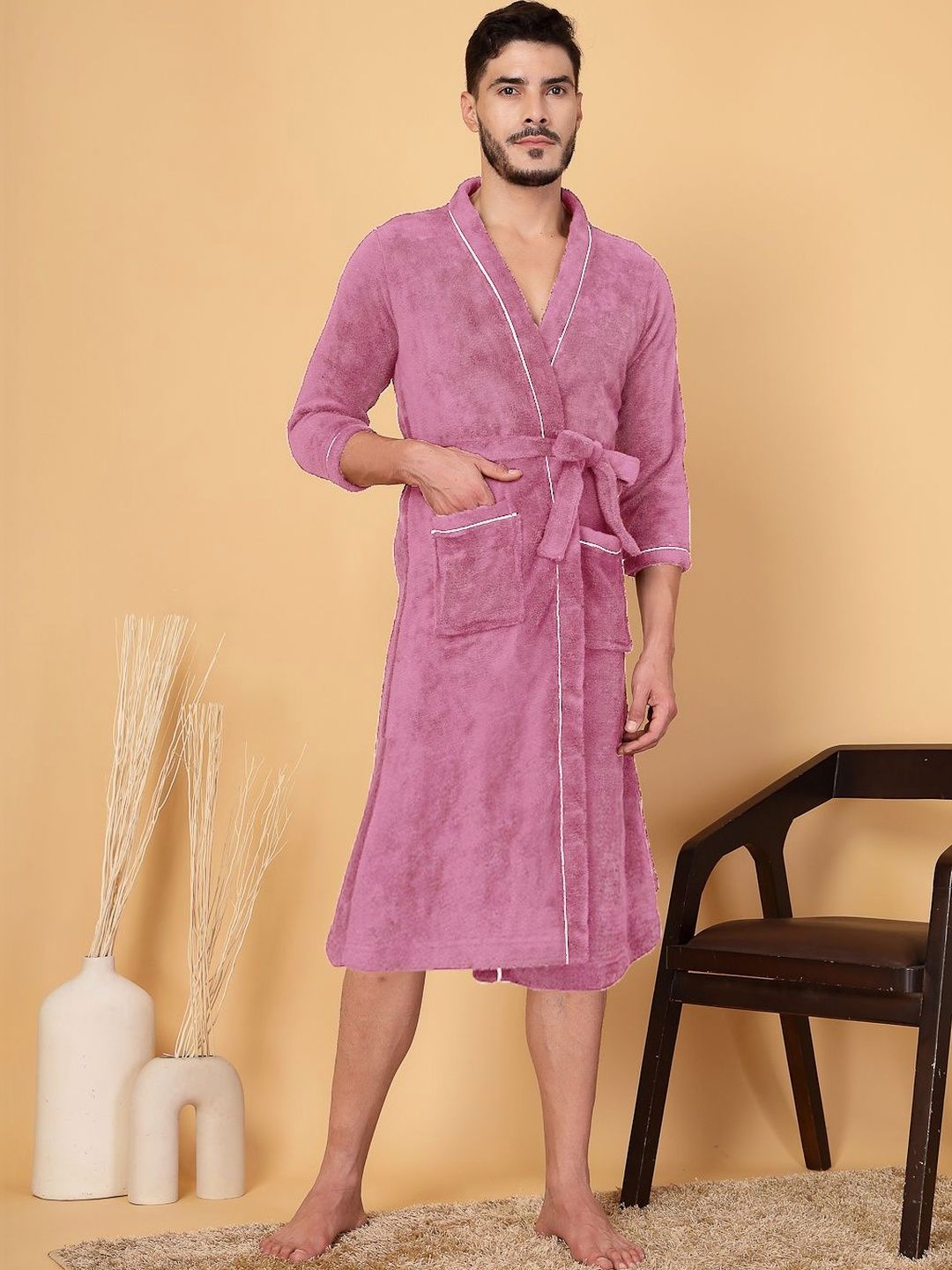 Myntra Elegant Homes Men Cotton Knee Length Bath Robe with Belt-picture-18