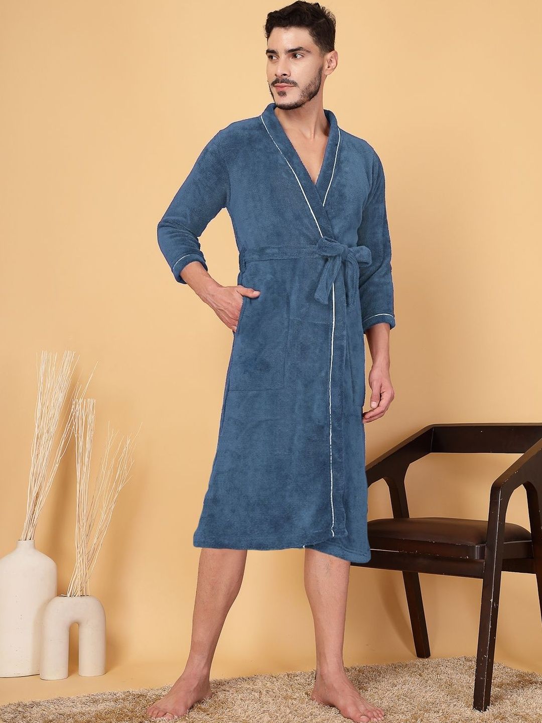 Myntra Elegant Homes Men Cotton Knee Length Bath Robe with Belt-picture-54