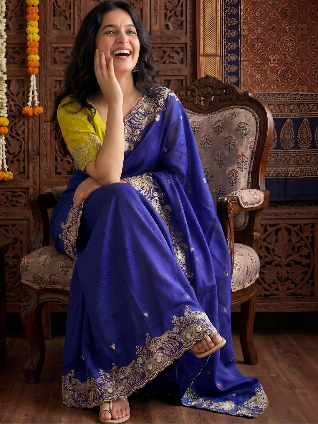 MAHARAJ SAREES Floral Embroidered Pure Chiffon Saree-picture-12
