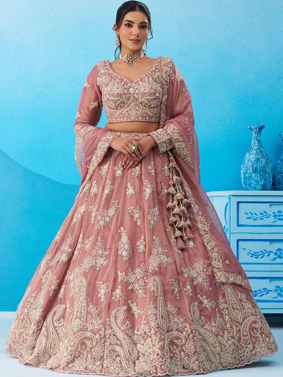 KALINI Embroidered Thread Work Semi-Stitched Lehenga & Unstitched Blouse With Dupatta-picture-27