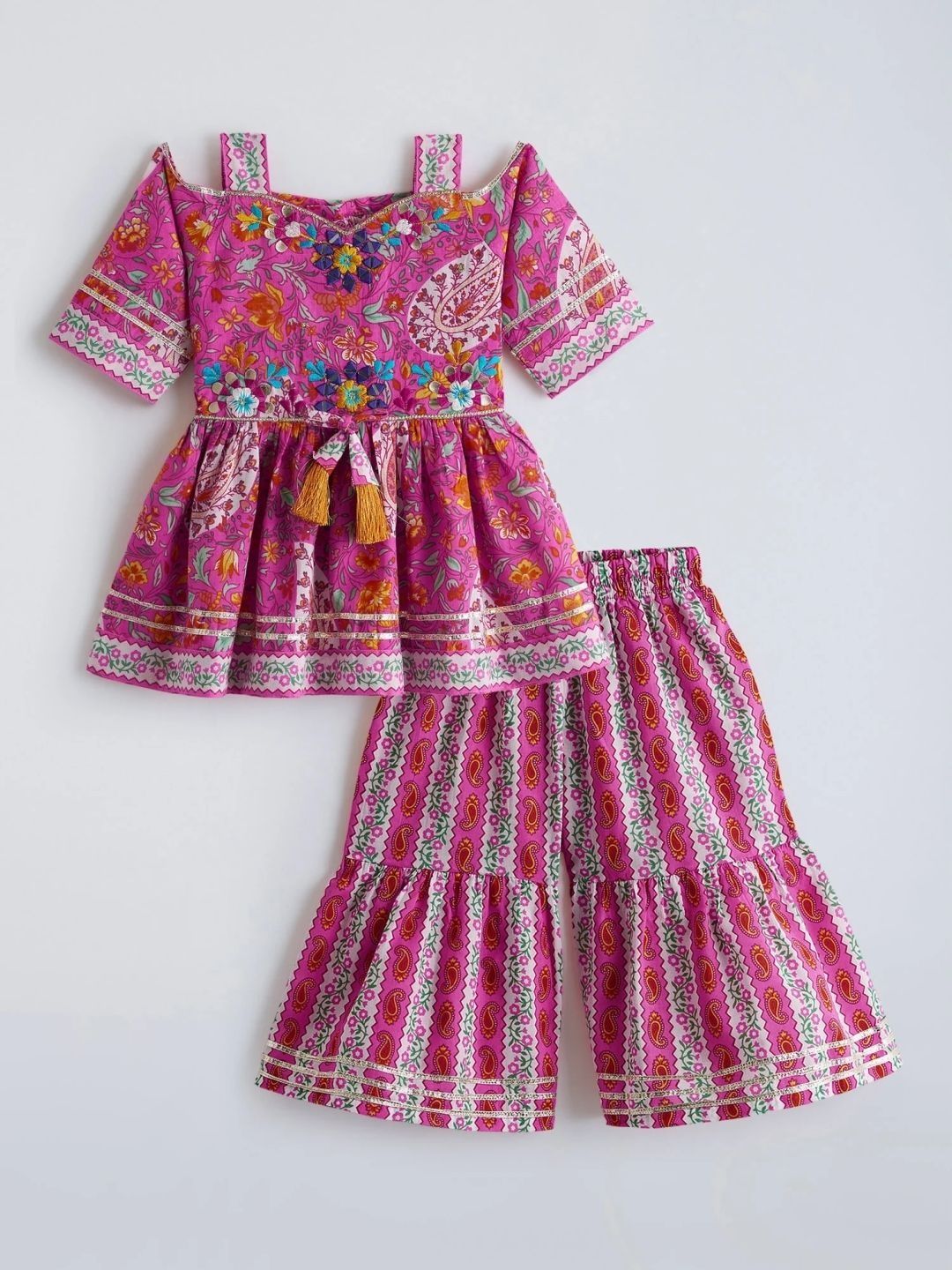 Hopscotch Girls Floral Printed Empire Thread Work Pure Cotton Kurta with Sharara-picture-40