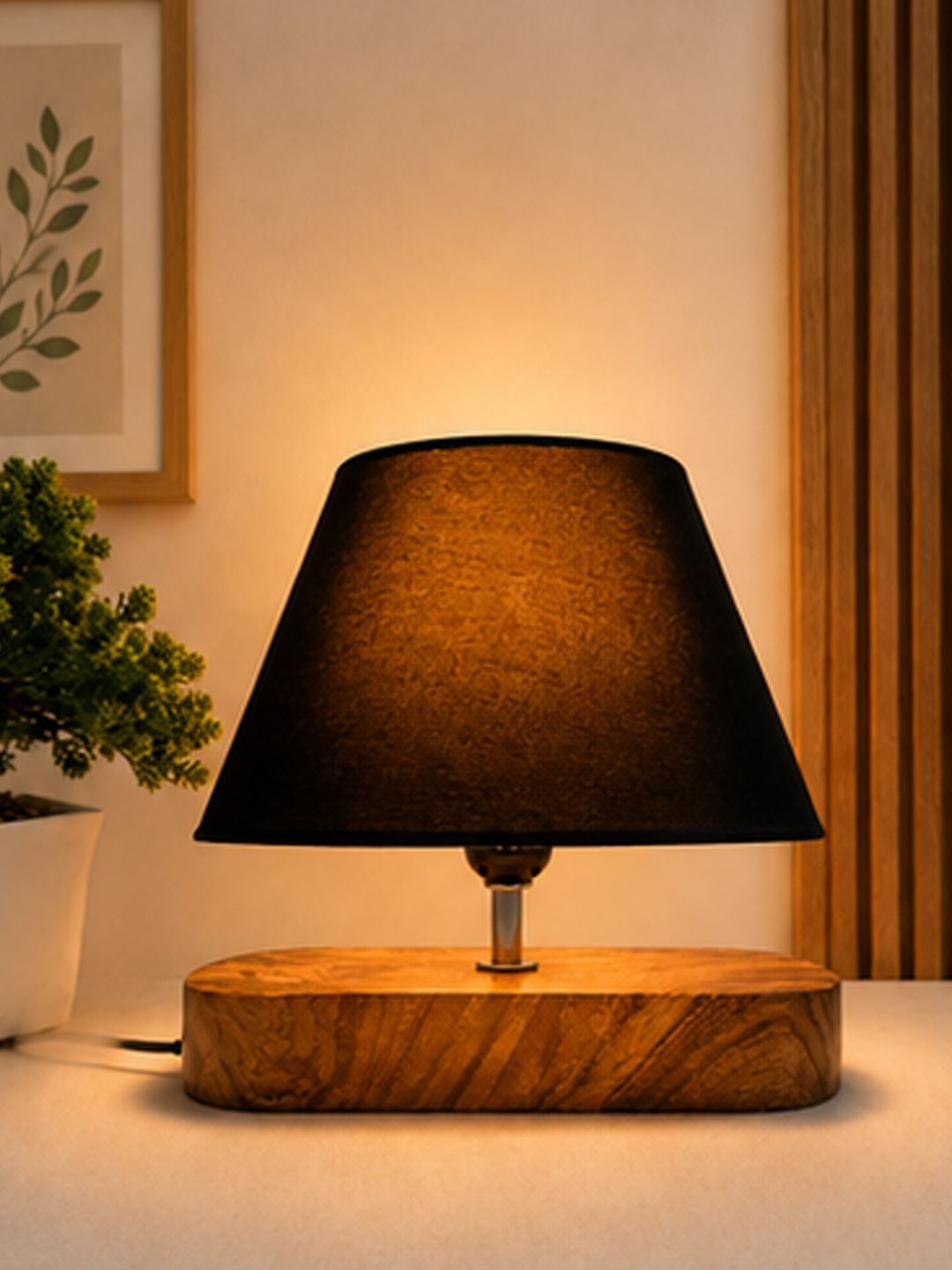 Myntra Elegant Homes Black Wood Contemporary Frusturical Shaped Table Lamp-picture-20