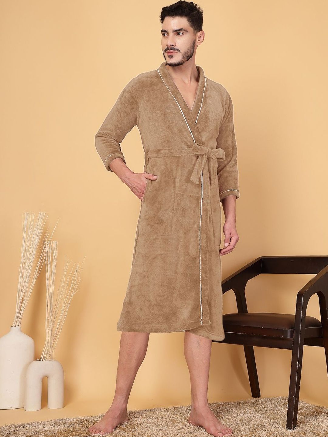 Myntra Elegant Homes Men Cotton Knee Length Bath Robe with Belt-picture-31