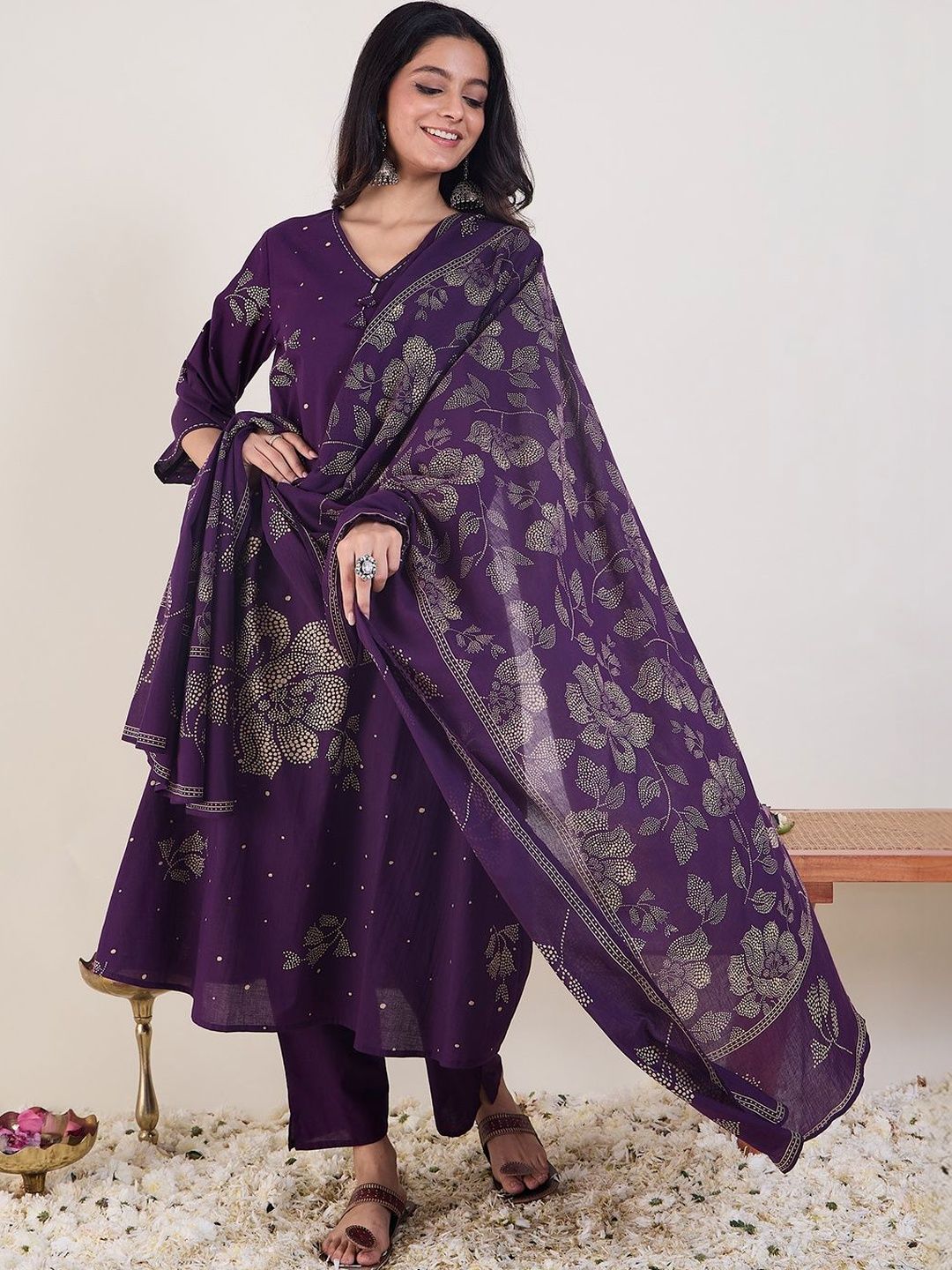 Indo Era Women Floral Printed Regular Pure Cotton Kurta with Trousers & With Dupatta-picture-18