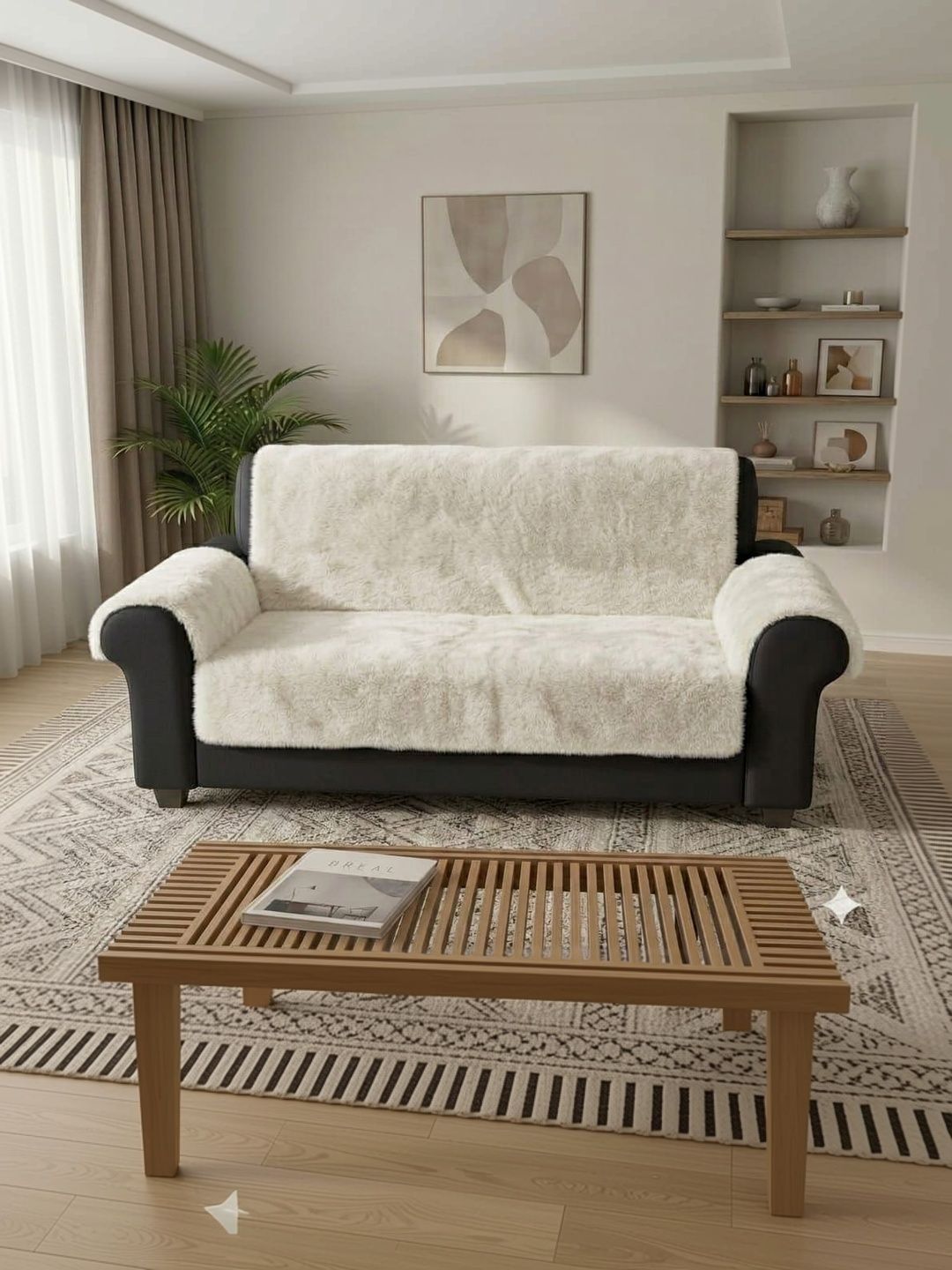 RAINBOW FURNISHINGS Off White Solid Viscose Rayon Blend Sofa Cover With Arms-picture-40