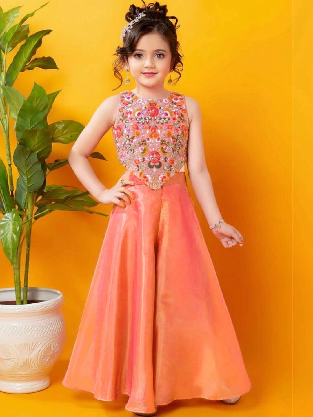 SPANGEL FASHION Girls Floral Embroidered Regular Thread Work Top with Palazzos-picture-25