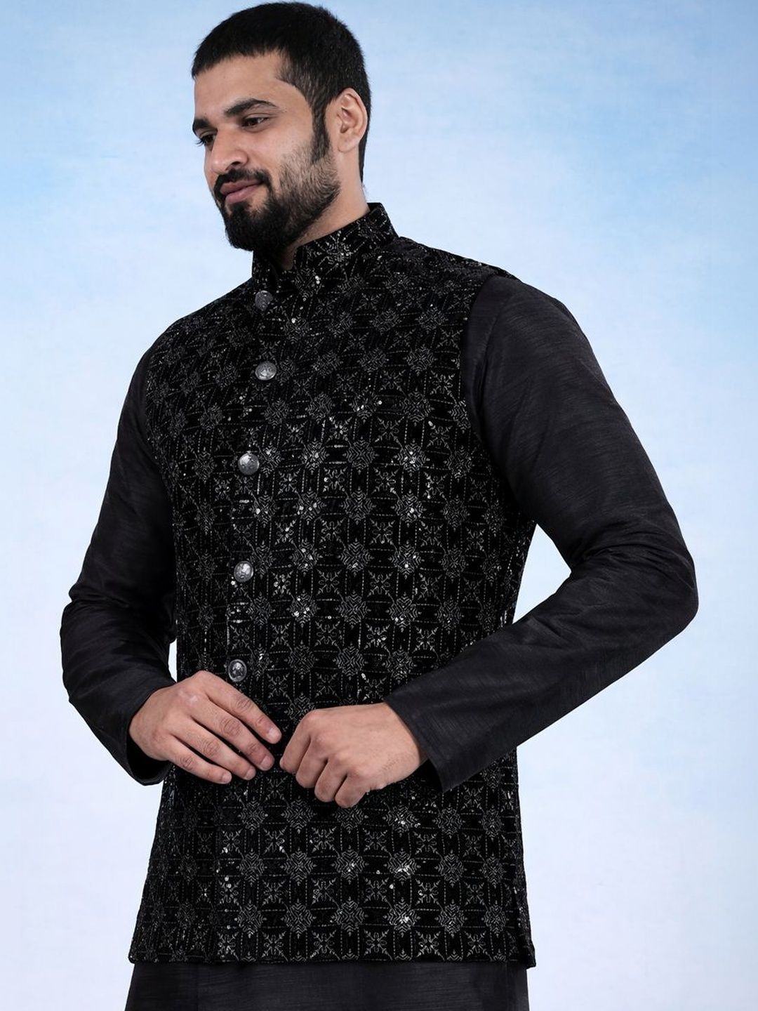 MODERN MUGHALS Embellished Velvet Nehru Jacket-image-34