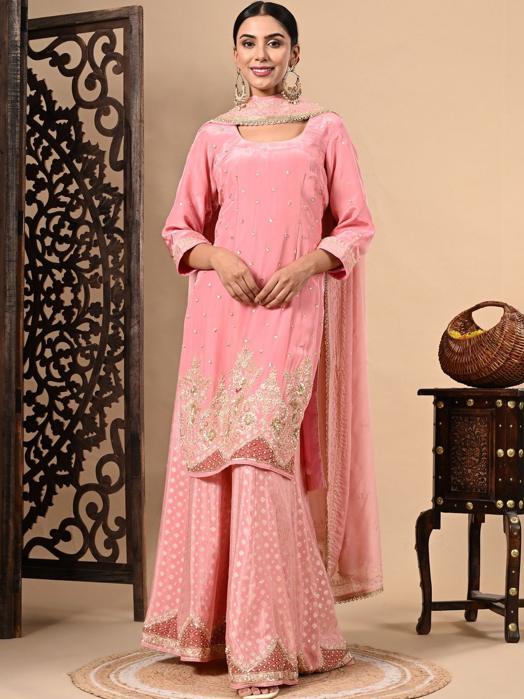 ZARIKALI Women Ethnic Motifs Embroidered Regular Kurta with Sharara & With Dupatta-picture-39