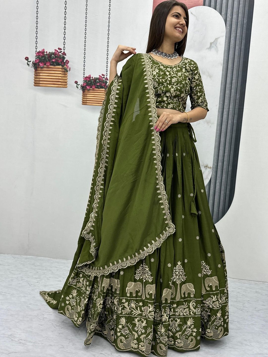 PILUDI HOUSE Embroidered Thread Work Semi-Stitched Lehenga & Unstitched Blouse With Dupatta-picture-10